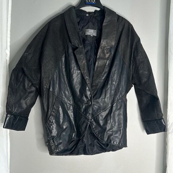 Vintage 80s G lll leather‎ designs black textured pattern jacket baggy loose fit - Picture 1 of 12